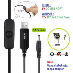 Kabel Step Up Booster USB 5V ke 12V (DC Jack 5.5x2.1mm) dengan Tombol ON/OFF